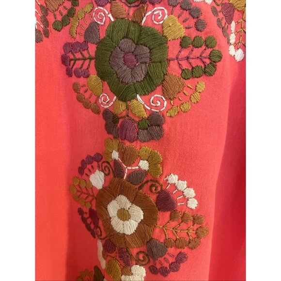 Coral Mexican Handmade Embroidered Blouse Sz M Long Sleeve Open Neck With Ties - Picture 3 of 9